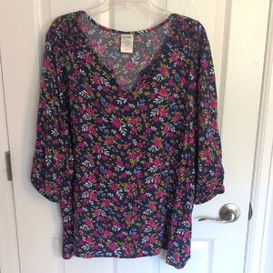 Blair Navy Floral V-Neck Blouse with Pink & Green Accents